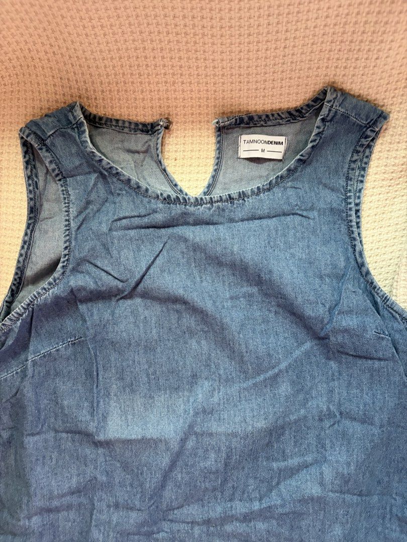 Denim Sleeveless Ruffle Hem Dress (Category: Dresses) located in Manila. Submitted by amilannnn (Listing ID 1467197113, Image 1). Description: - Brand/Style: Tamnoon Denim Sleeveless Dress - Color/Wash: Medium wash blue - Size: Small to Medium (M) - Details: Round neckline, back button closure, trendy ruffle hem - Fabric: Lightweight denim - Condition: Great casual piece for warm weather -used only once.