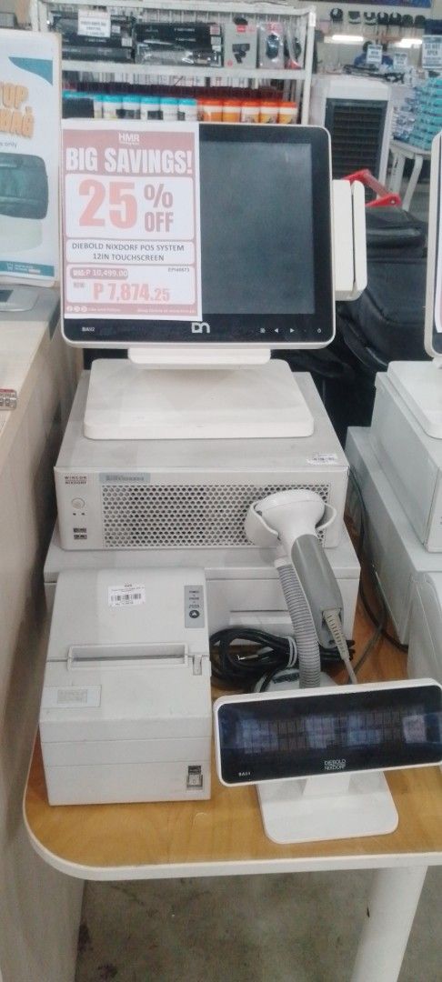 Diebold Nixdorf POS System 12-inch Touchscreen (Category: Office & Business Technology) located in Manila. Submitted by maryjane09. (Listing ID 1467232242, Image 1). Description: - Complete Diebold Nixdorf POS system - Ideal for retail stores and restaurants - 12-inch touchscreen monitor - Main unit included - Receipt printer and barcode scanner included - Customer display screen included - Powers up and tested, ready to deploy - Everything shown