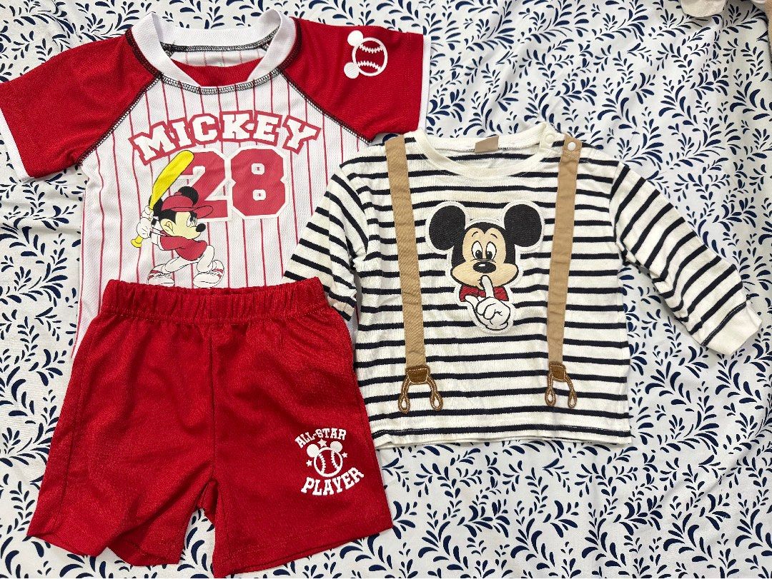 Disney Mickey Mouse Baseball Jersey Set and Striped Top (Category: Babies & Kids Fashion) located in Manila. Submitted by janelica220598 (Listing ID 1467338910, Image 1). Description: - Mickey Mouse Bundle: 2 tops and 1 matching shorts - Top 1: White & red pinstripe baseball jersey with Mickey graphic and number 28 - Top 2: Long sleeve black & white striped shirt with printed suspenders and Mickey face graphic - Bottoms: Bright red athletic short