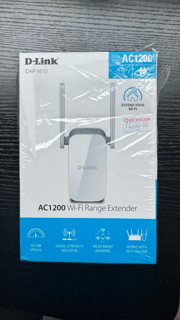 D-Link AC1200 Wi-Fi Range Extender (DAP-1610) (Category: Networking) located in Taguig. Submitted by silverdragon_458bb4 (Listing ID 1467353218, Image 1). Description: Boost your home internet network and eliminate pesky dead zones with this D-Link AC1200 Wi-Fi Range Extender (DAP-1610). It provides fast, simultaneous dual-band speeds up to 1200 Mbps (300 Mbps on 2.4 GHz + 867 Mbps on 5 GHz). Includes an Ethernet port for wired devices. Super eas