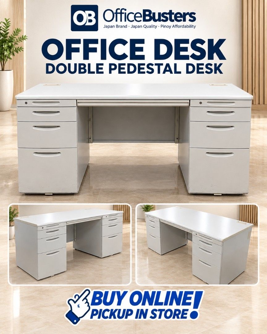 Double Pedestal Office Desk (Category: Office Furniture & Fixtures) located in Quezon City. Submitted by kevinmacabata12997160 (Listing ID 1467361437, Image 1). Description: - Sturdy double pedestal office desk in a sleek grey finish - 6 spacious drawers total (3 on each side) for maximum storage - Built-in cable management slots to keep your tabletop neat - Heavy-duty build designed for daily office use and organizing paperwork - Includes matchi
