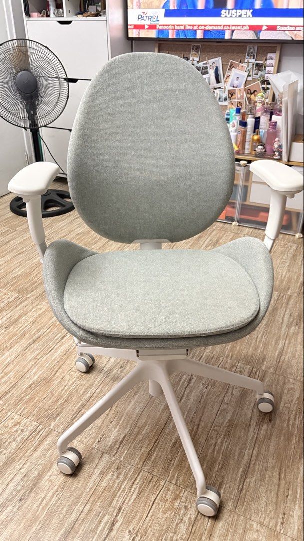 Ergonomic Office Chair Mint Green with White Frame (Category: Office Furniture & Fixtures) located in Taguig. Submitted by erindln_ (Listing ID 1467318099, Image 1). Description: - Color: Mint green fabric with a matching white frame - Condition: Clean, no tears or stains - Ergonomics: Fully padded seat and curved backrest for all-day comfort - Adjustability: Armrests move up and down - Mobility: Smooth-rolling caster wheels on a sturdy five-star