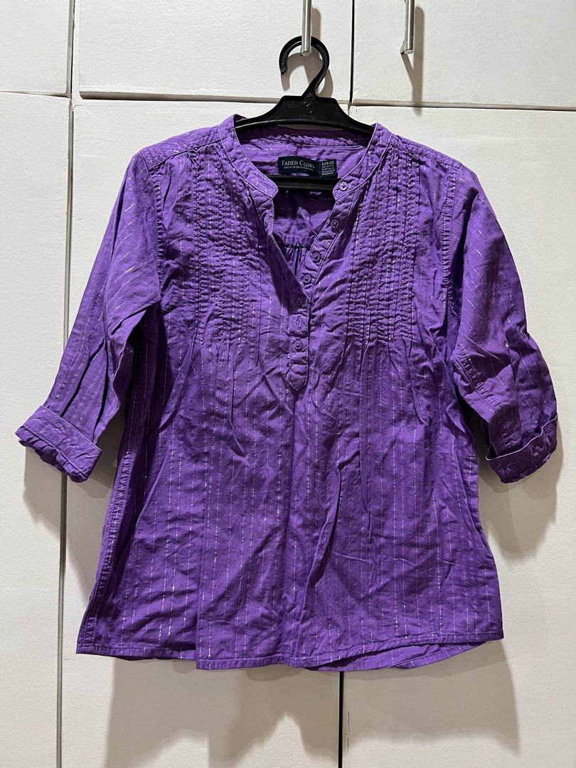Faded Glory Purple Metallic Stripe Button Down Blouse (Category: Blouses) located in Kalibo. Submitted by bugswirl (Listing ID 1467250239, Image 1). Description: tag says L / 10-12 (can fit xs-m) - 3/4 sleeves - very pretty irl/gives off officecore dm for inquiries 🤍.