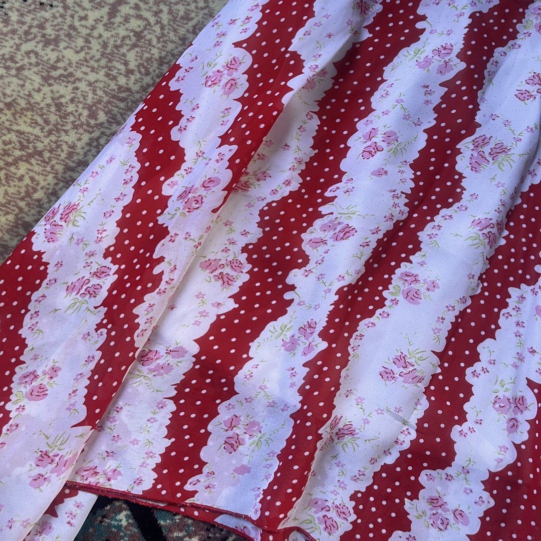 Fairycore Floral Red Asymmetrical Skirt (Category: Skirts) located in Manila. Submitted by xoxolovea (Listing ID 1467284415, Image 3). Description: waist 20” to 32” length 21” to 29” excellent to like new condition .