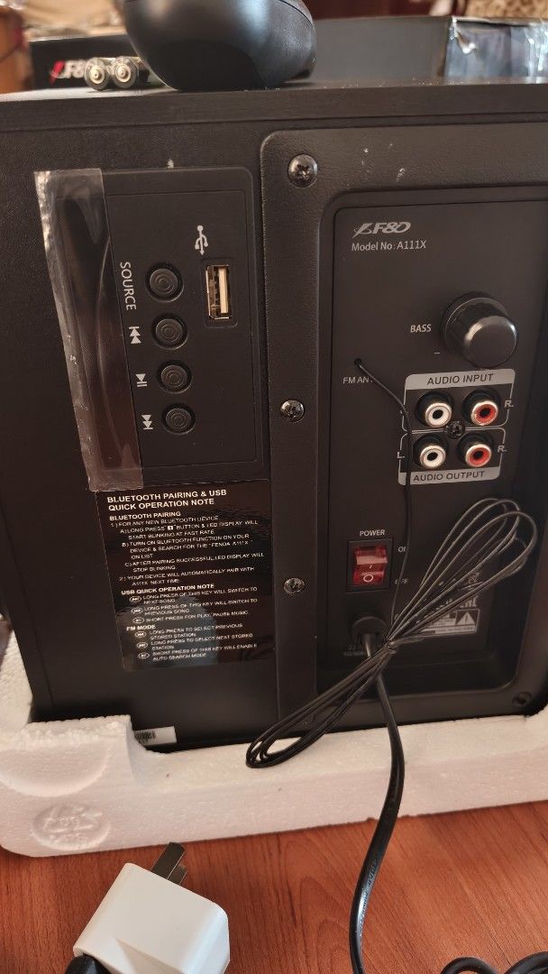 F&D A111X 2.1 Computer Multimedia Speaker System (Category: Soundbars, Speakers & Amplifiers) located in Manila. Submitted by bravefox_31b6f5 (Listing ID 1467284963, Image 2). Description: - F&D A111X 2.1 multimedia speaker system - Features Bluetooth, FM radio, and USB reader - Includes subwoofer, two satellite speakers, and remote control - Dedicated bass control knob on the back panel - Ideal upgrade for PC or TV audio setups - Complete with o