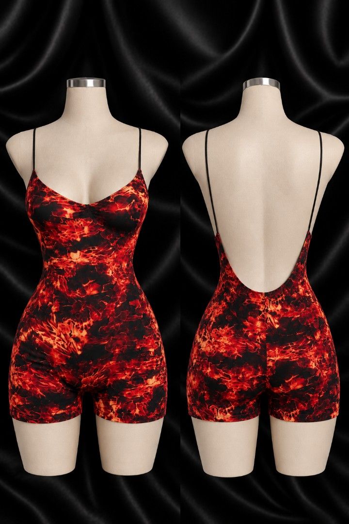 Fire Print Romper Spaghetti Strap Backless (Category: Rompers) located in Bulacan. Submitted by heathersdream.c0 (Listing ID 1467318829, Image 1). Description: XS-M - Eye-catching red and black flame pattern all over - Sexy spaghetti straps with a deep low back design - Fitted bodycon style with short legs - Stretchy, comfortable fabric that lets you move with ease - Perfect statement piece for parties, gigs, or club nights - Condition: Brand new