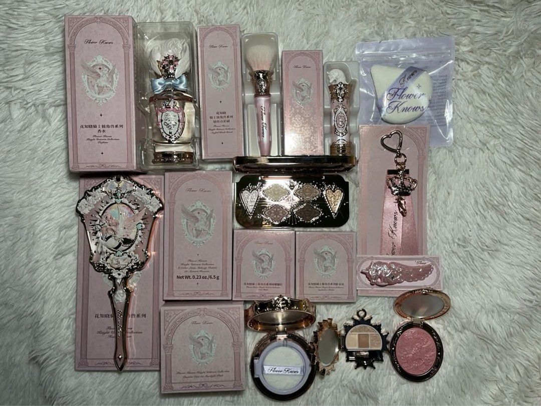 Flower Knows Makeup Bundle XII (Category: Makeup) located in Las Pinas. Submitted by rich.collects (Listing ID 1467284999, Image 2). Description: 🌸 Knight Unicorn Perfume - Raspberry Nectar 🌸 Knight Unicorn Eyeshadow Palette - 01 Aurora Reverie 🌸 Knight Unicorn Hand Mirror - Starlight Pink 🌸 Knight Unicorn Powder Case 02 Starlight Pink/Cloud Loose Setting Powder - 02 Milky Pink 🌸 Knight Unicorn Satin Blush - 01 Carousel Waltz 🌸 Knight Unico