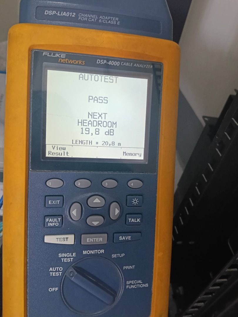 Fluke Testing (Category: Office & Business Technology) located in Quezon City. Submitted by janesse (Listing ID 1467305274, Image 3). Description: - Tested and working Fluke Networks DSP-4000 cable analyzer - Includes smart remote unit and Cat 6 channel adapters - Clear display showing pass results - Physical wear on yellow protective rubber casing from regular fieldwork - Strap included for easy transport - Reliable industrial testing equipment 