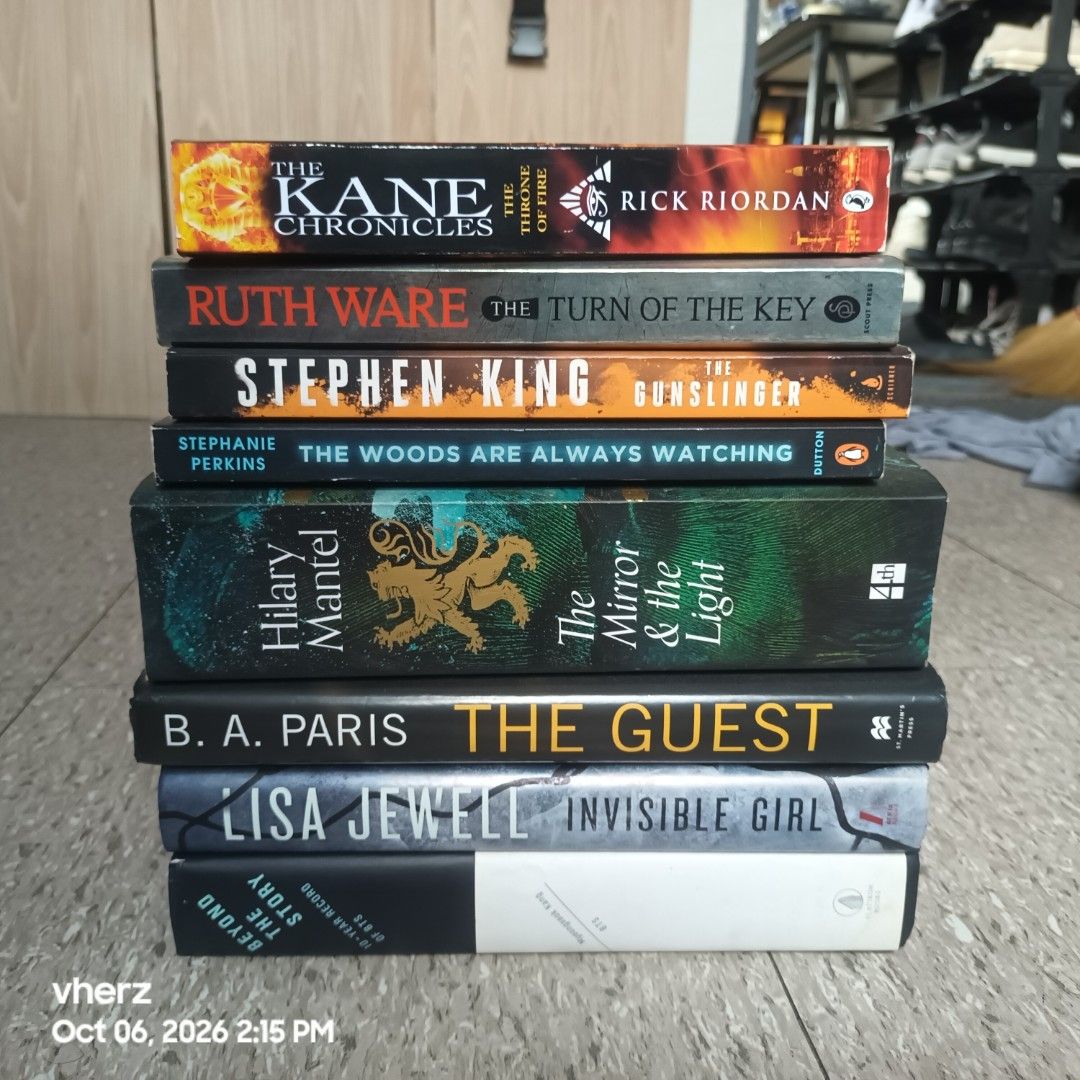 Fo take all! Assorted Fiction and Non-Fiction Novels Bundle (Category: Storybooks) located in Taguig. Submitted by verz018 (Listing ID 1467351557, Image 1). Description: - 8-book bundle featuring top authors like Rick Riordan, Stephen King, Ruth Ware, Hilary Mantel, and BTS - Great mix of genres: Fantasy, Thriller, and Biography - Condition: Reading condition with yellowing and aging signs on edges from storage - Selling strictly as a complete se