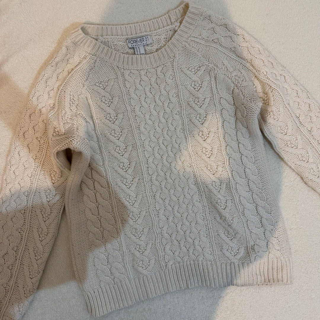 Forever 21 Cream Cable Knit Sweater (Category: Coats, Jackets and Outerwear) located in Mandaue City. Submitted by meh.soh (Listing ID 1467271273, Image 1). Description: Forever 21 Cream Cable Knit Sweater Size: Medium Mode of Payment: Gcash Delivery: Maxim within Cebu/J&T outside Cebu (df shouldered by buyer) Location: Mandaue.
