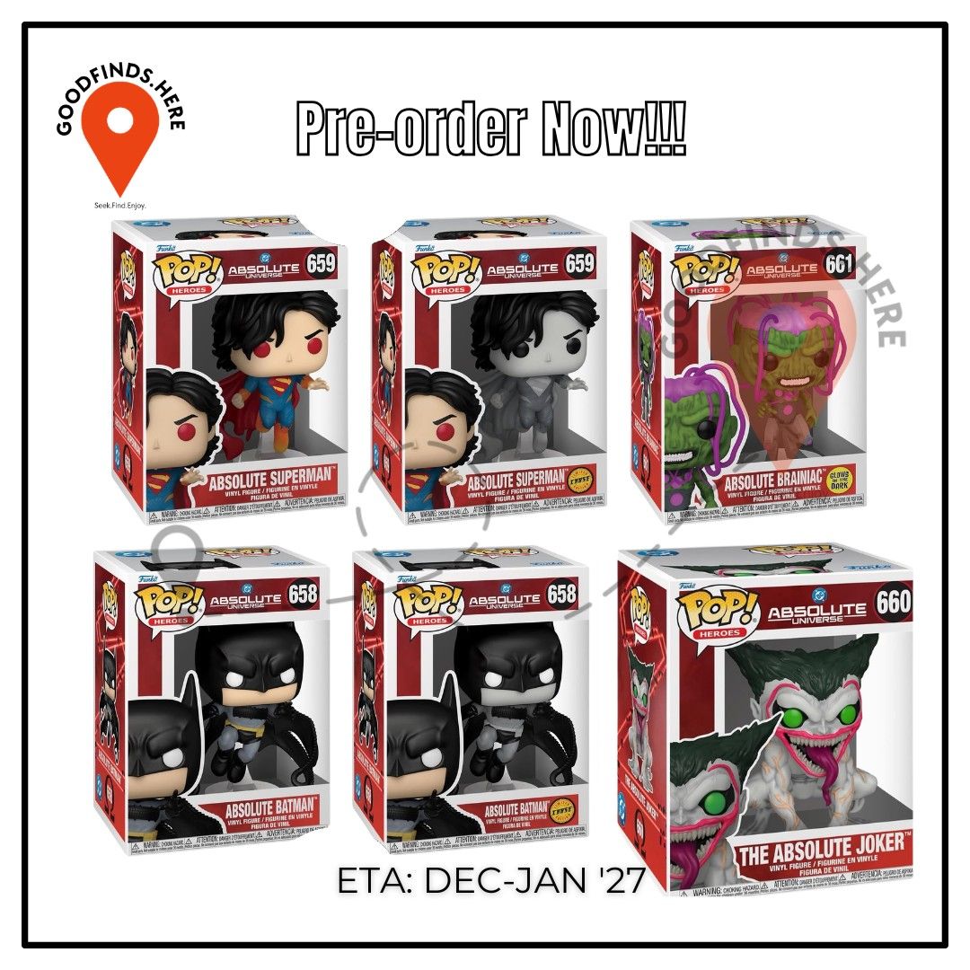 Funko: DC Absolute Universe Preorder (Category: Action & Battle Toys) located in Pasig City. Submitted by goodfinds.here (Listing ID 1467351134, Image 1). Description: ❗Funko: DC Absolute Universe Preorder❗ ▪️Absolute Superman ▪️Absolute Batman ▪️Absolute Braniac GITD ₱800 each / DP: 400 each ▪️Absolute Joker ₱1,750 / DP: 800 ▪️Absolute Superman CHASE ▪️Absolute Batman CHASE ₱2,750 each / DP: 1,300 each ETA: Dec-Jan '27 (subject for DELAY or to c