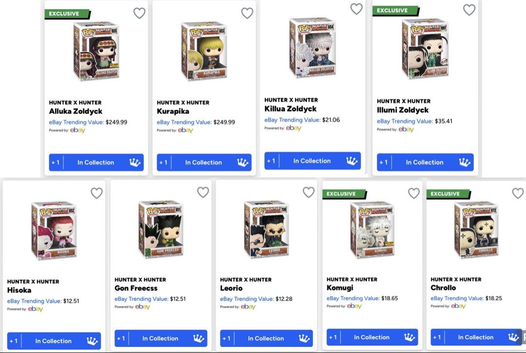 FUNKO POP: HUNTER x HUNTER (SET) (Category: Other Merchandise) located in Quezon City. Submitted by _qcollections (Listing ID 1467282243, Image 2). Description: ✨ All in excellent condition (9.5/10) ✨ Each comes with a BOSS/1.5mm Funko Pop Protector ✨ Never Open On Box (NOOB) ✨No major box flaws ✨ Personally owned, collector-kept and well-maintained ✨ Price is slightly negotiable for sure buyers RFS: QUITTING 🥹.