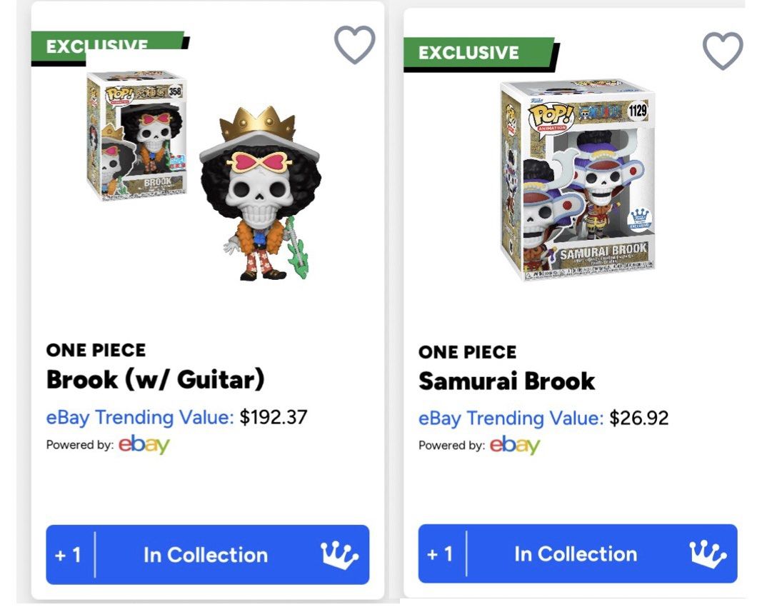 FUNKO POP: ONE PIECE - BROOK (SET) (Category: Other Merchandise) located in Quezon City. Submitted by _qcollections (Listing ID 1467286764, Image 2). Description: ✨ All in excellent condition (9.5/10) ✨ Each comes with a BOSS/1.5mm Funko Pop Protector ✨ Never Open On Box (NOOB) ✨No major box flaws ✨ Personally owned, collector-kept and well-maintained ✨ Price is slightly negotiable for sure buyers ** NOTE: ebay price is just for reference (lowest