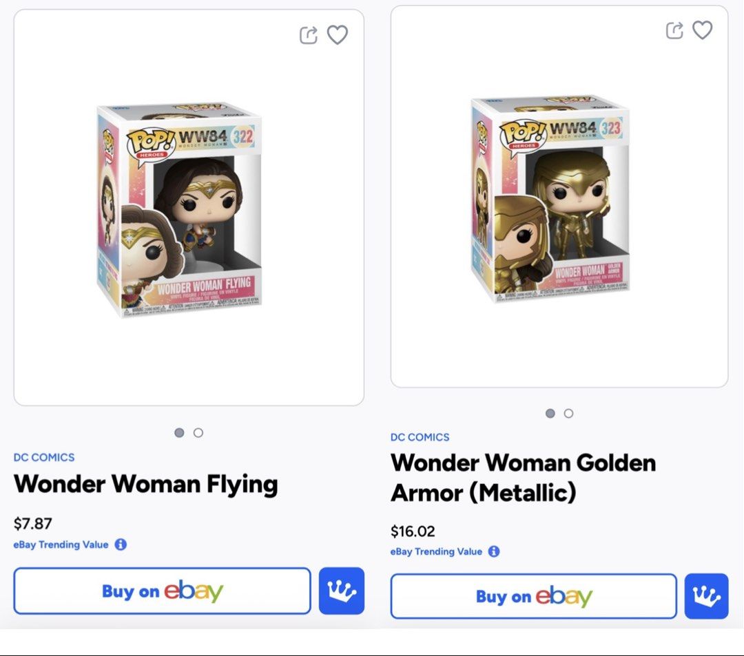 FUNKO POP: WONDER WOMAN 84 (SET) (Category: Other Merchandise) located in Quezon City. Submitted by _qcollections (Listing ID 1467298735, Image 2). Description: ✨ All in excellent condition (9.5/10) ✨ Each comes with a BOSS/1.5mm Funko Pop Protector ✨ Never Open On Box (NOOB) ✨No major box flaws ✨ Personally owned, collector-kept and well-maintained ✨ Price is slightly negotiable for sure buyers RFS: QUITTING 🥹.
