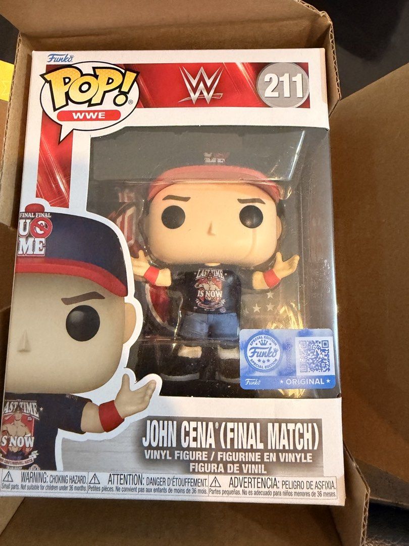 Funko Pop WWE John Cena Final Match #211 (Category: Designer & Blind Box Toys) located in Pasig City. Submitted by philzyper (Listing ID 1467220217, Image 1). Description: - Item: Funko Pop WWE John Cena Vinyl Figure #211 - Outfit: Final Match edition featuring his signature hat, wristbands, and 'Last Time Is Now' shirt - Condition: Mint, comes with Special Edition sticker - Storage: Stored securely inside a cardboard shipping box - Ideal for: WW