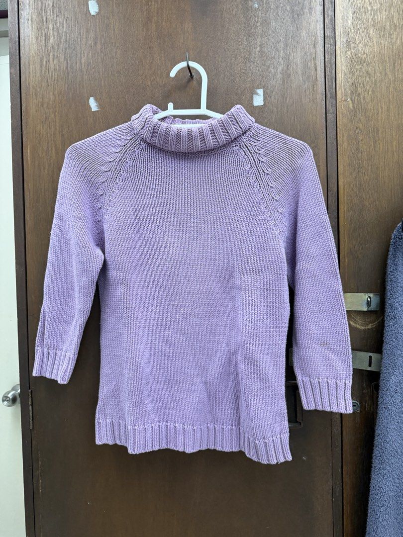 GAP Knitted turtleneck sweater (Category: Coats, Jackets and Outerwear) located in Mandaluyong City. Submitted by kcdeclutters08 (Listing ID 1467279493, Image 1). Description: GAP knitted turtleneck long sleeves Color: Lavander Size: Medium on tag RFS: Decluttering With minor flaws/discoloration (please see pics) but otherwise, looks good 📍Quezon City SF is shouldered by buyer.
