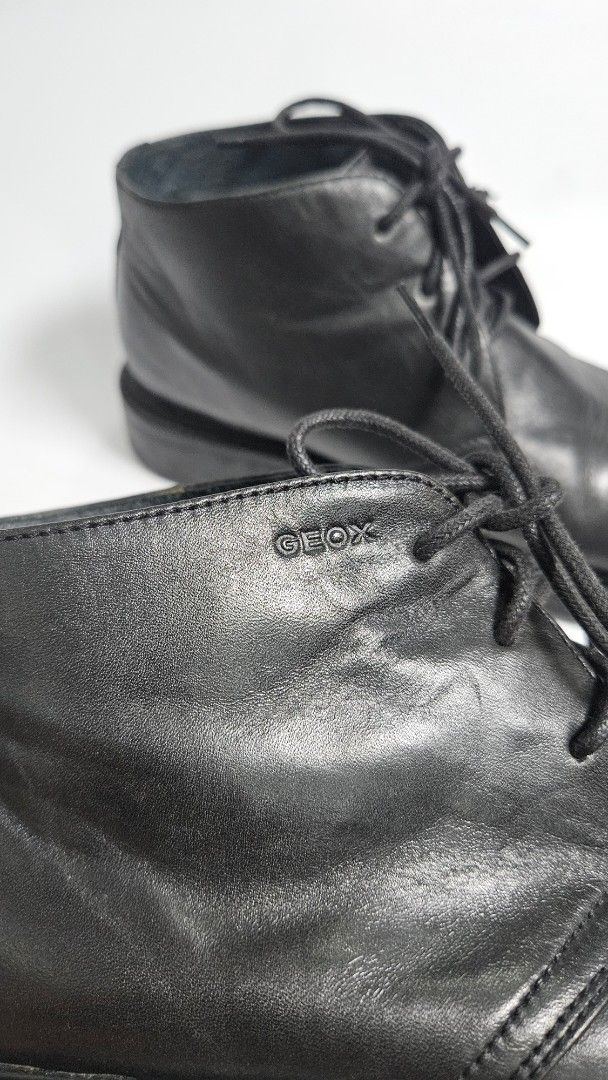 Geox Black Leather chukka Boots (Category: Boots) located in Alfonso. Submitted by jbcamet (Listing ID 1467327033, Image 3). Description: - Brand: Geox - Color: Black - Material: Genuine leather upper - Style: Classic lace-up ankle boots with rounded toes - Soles: Sturdy rubber with good traction - Condition: Clean with minimal creasing - Ideal for: Comfortable everyday wear -size 9.