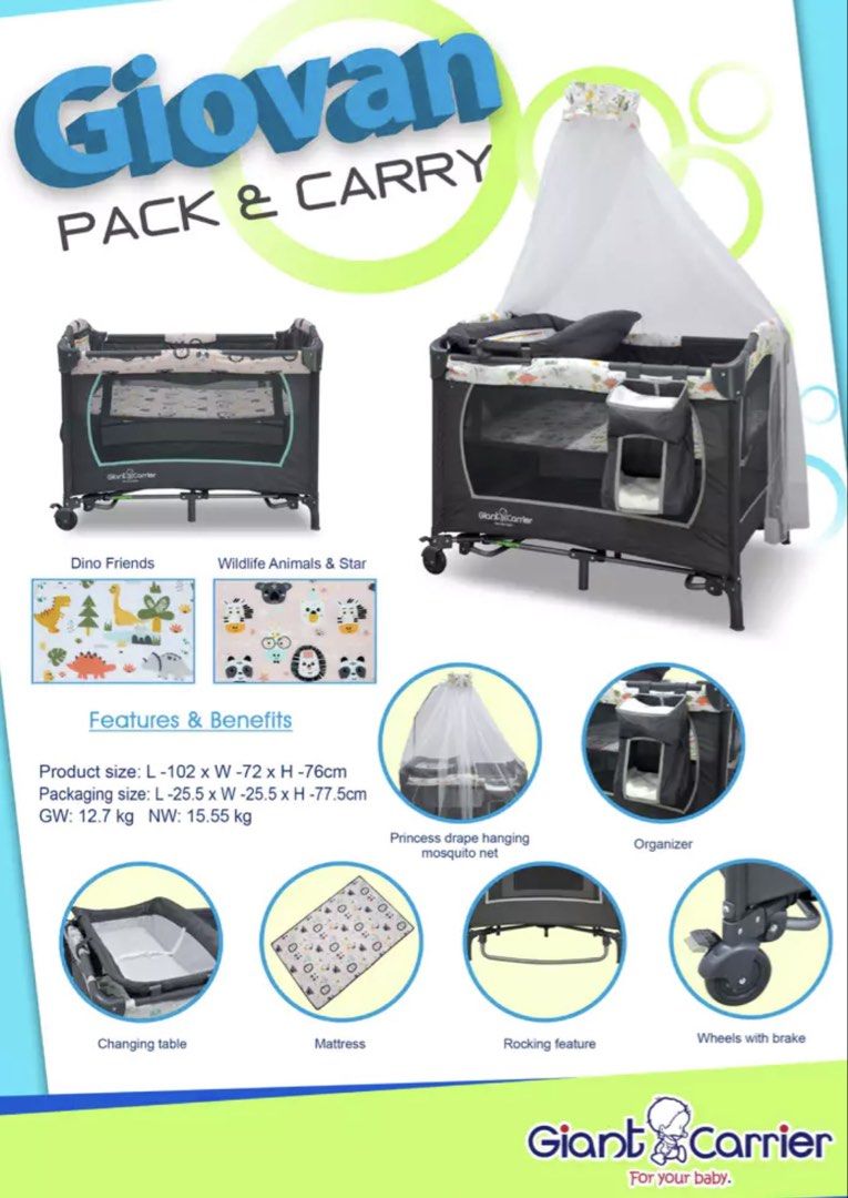 Giant Carrier GIOVAN Pack & Carry Playpen (Category: Cots & Cribs) located in San Pedro. Submitted by itsannabg (Listing ID 1467214514, Image 1). Description: Giant Carrier Giovan pack and carry playpen in Wildlife Animals & Stars design. Includes mattress, changing table, organizer, and princess drape hanging mosquito net. RFS: Not using it anymore..