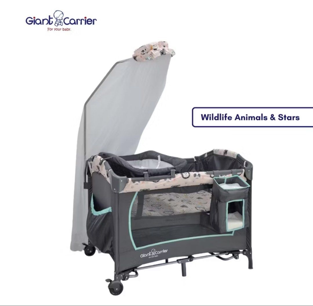 Giant Carrier GIOVAN Pack & Carry Playpen (Category: Cots & Cribs) located in San Pedro. Submitted by itsannabg (Listing ID 1467214514, Image 2). Description: Giant Carrier Giovan pack and carry playpen in Wildlife Animals & Stars design. Includes mattress, changing table, organizer, and princess drape hanging mosquito net. RFS: Not using it anymore..