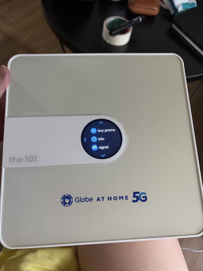 Globe At Home 5G Modem The 101 (Category: Networking) located in Makati City. Submitted by denisehh (Listing ID 1467206354, Image 2). Description: - Authentic Globe At Home 5G modem router, Model 101 - Sleek white finish with signature blue branding - Built-in circular display screen showing signal info and network settings - Dual-band WiFi support: fast 5.2GHz and reliable 2.4GHz networks - Powers on normally and 100% working condition - Ready f