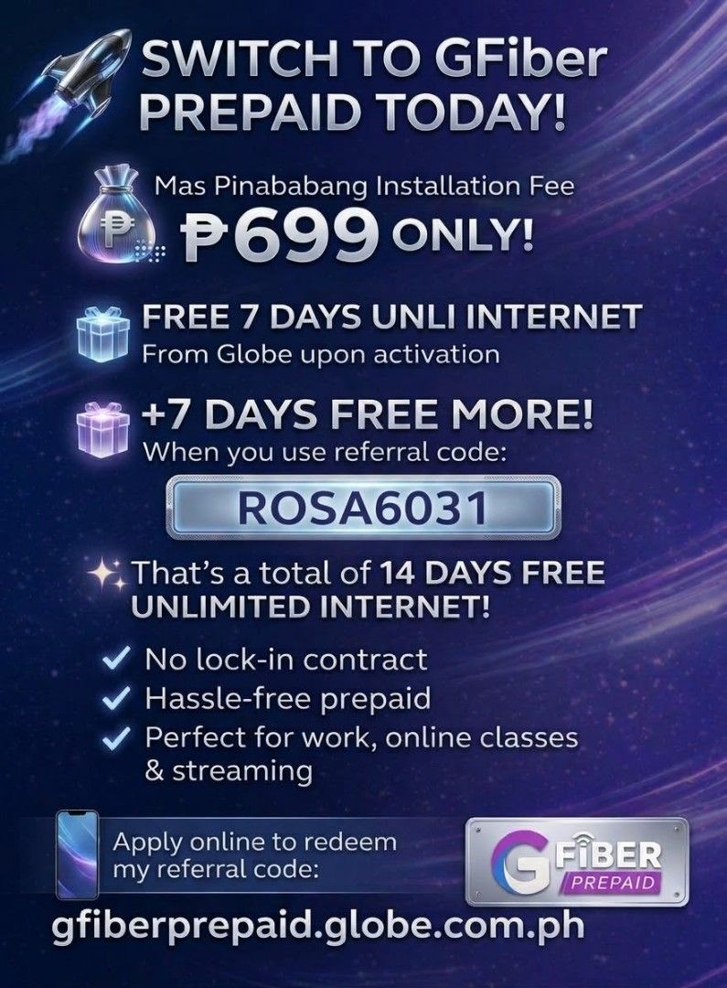 Globe GFiber Prepaid free code (Category: Networking) located in Morong. Submitted by thriftcart (Listing ID 1467240024, Image 1). Description: DISCLAIMER: Not an installer po. Just sharing their promo para maextend narin free unli upon activation. Globe Gfiber Prepaid promo ‎Installation fee ay mas pinababa na @ Php699 with free 7 days unli net upon activation. ‎Plus, gawin nating 14 days yan by using referral code ROSA6031. ‎Apply lang po onlin