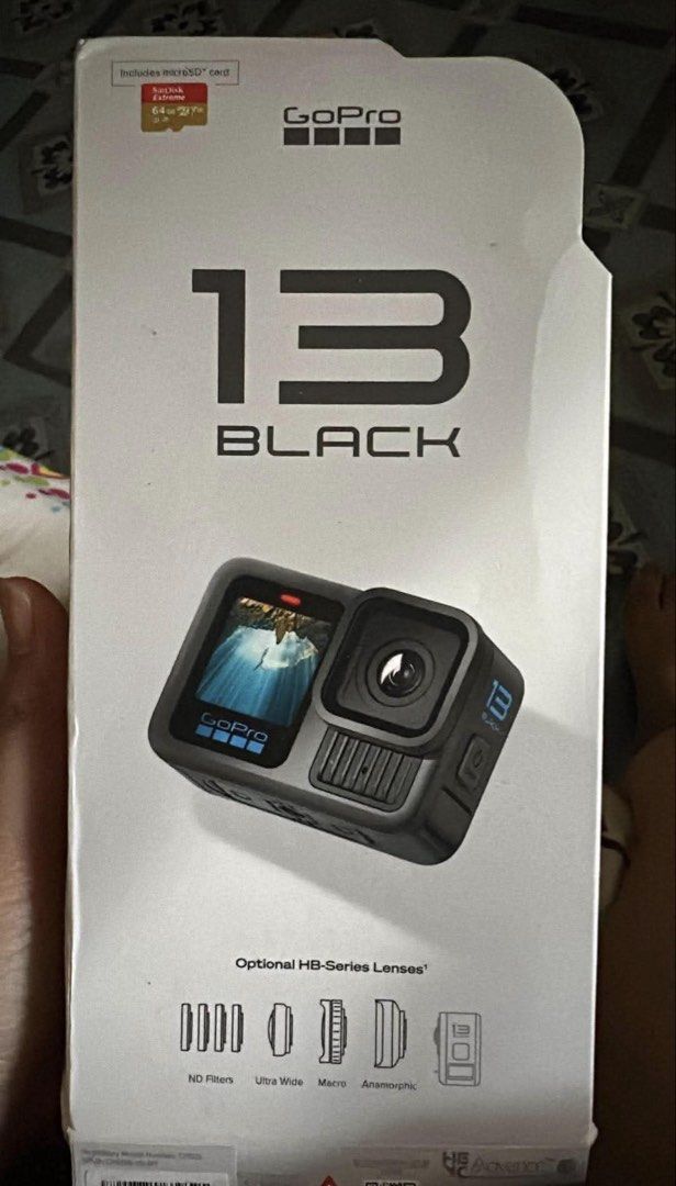 GoPro HERO13 Black Action Camera (Category: Cameras) located in Bacolod City. Submitted by rejeremy (Listing ID 1467168727, Image 1). Description: - Brand: GoPro Hero 13 Black - Condition: Brand new, unopened box - Freebie: SanDisk Extreme 64GB microSD card included - Features: Compatible with optional HB-Series lenses (ND filters, ultra wide, macro, anamorphic) - Perfect for your next adventure and content creation.