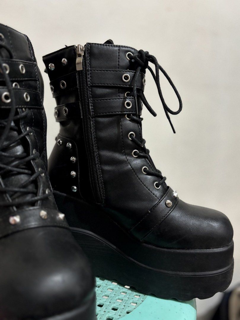 Gothic Punk Platform Wedge Boots (Category: Boots) located in Baguio. Submitted by nikonikonik (Listing ID 1467246220, Image 3). Description: ୨ৎ Selling my black chunky platform combat boots! ✧ Used for only 2 months ✧ Style: Gothic / alt / grunge ✧ Thick platform sole ✧ Lace-up design with multiple buckle straps Orig price: ₱1,200 💸 Price: ₱650 📦 MOP: GCash / Cash RFS: decluttering my wardrobe! Still a cute statement piece for your alt fits, e