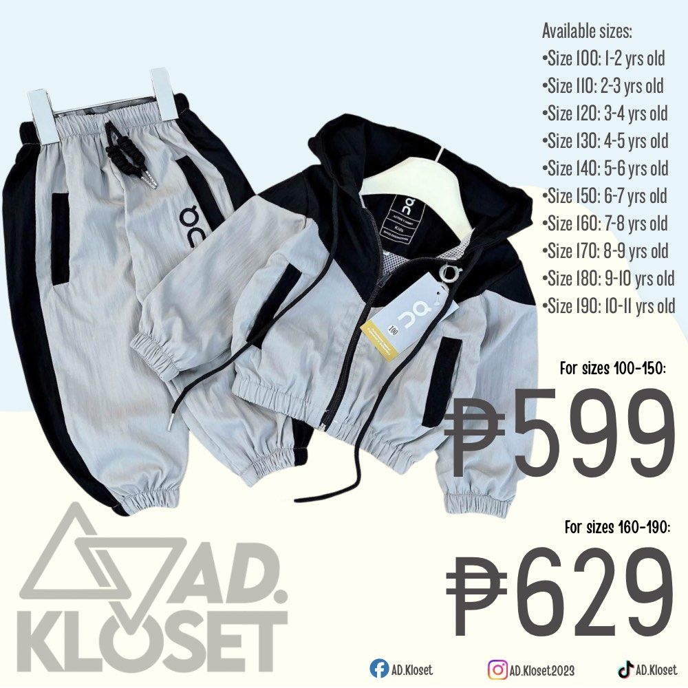 Gray Windbreaker Set (Category: Babies & Kids Fashion) located in Quezon City. Submitted by ad.kloset (Listing ID 1467222614, Image 1). Description: Small sizes: ₱580 •Size 100: 1-2 yrs old •Size 110: 2-3 yrs old •Size 120: 3-4 yrs old •Size 130: 4-5 yrs old •Size 140: 5-6 yrs old •Size 150: 6-7 yrs old Big sizes: ₱600 •Size 160: 7-8 yrs old •Size 170: 8-9 yrs old •Size 180: 9-10 yrs old •Size 190: 10-11 yrs old.