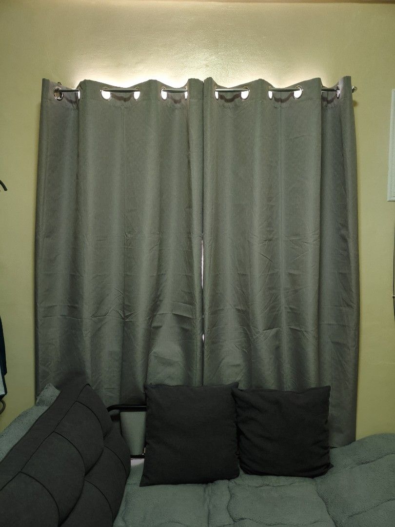 Grayish White Blackout Curtains 5ft 2pcs (Category: Curtains & Blinds) located in Pasig City. Submitted by kingmarc25 (Listing ID 1467180427, Image 1). Description: decluttering. bought in SM Megamall, Sept of 2026.