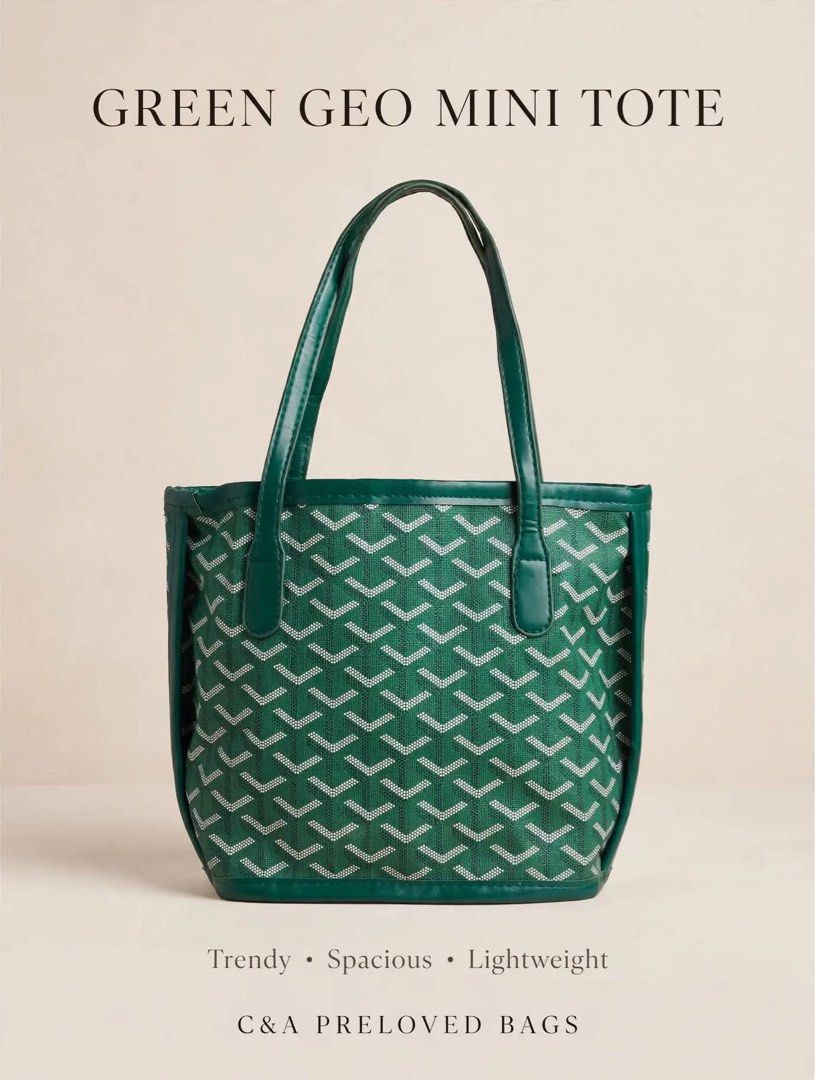 Green Geo Mini Tote Bag (Category: Tote Bags) located in Manila. Submitted by noemiaspa1702 (Listing ID 1467245545, Image 2). Description: - Style: Trendy green mini tote bag with a geometric chevron pattern and green trim - Design: Structured boxy base with comfortable double shoulder handles - Practicality: Lightweight and spacious interior for your everyday essentials - Condition: Brand new and ready to use.