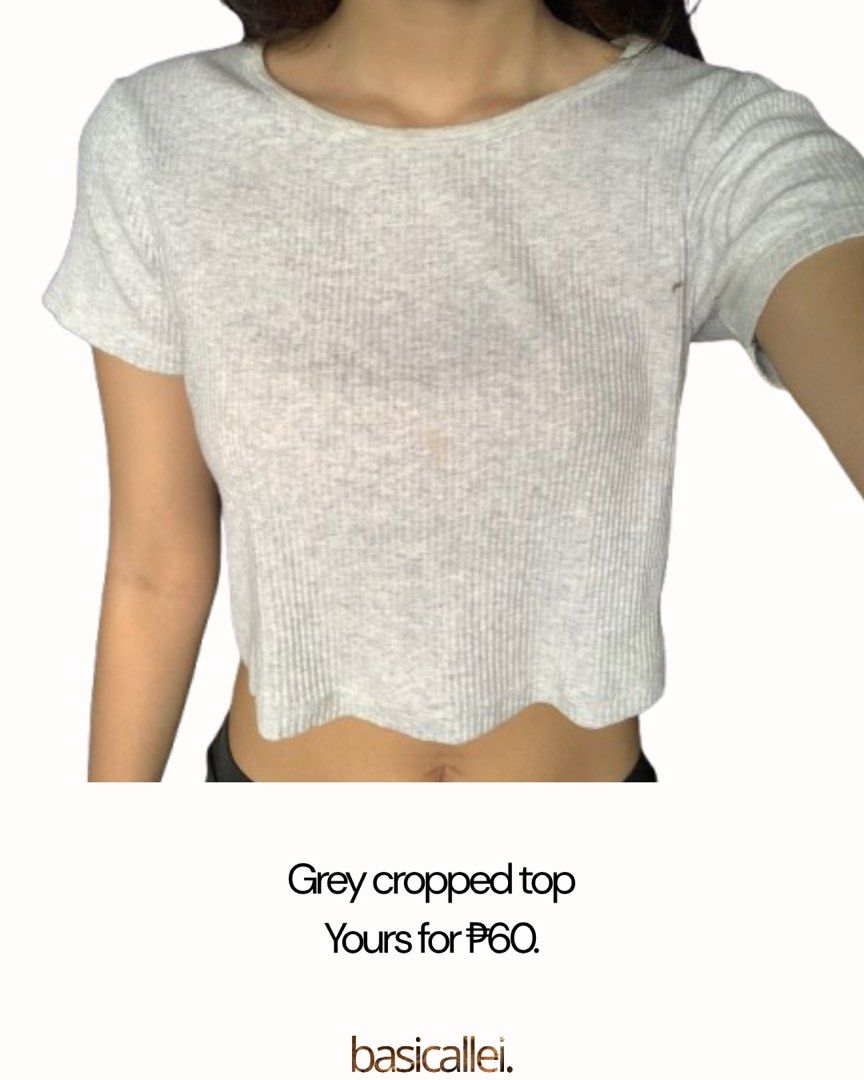 Grey Top (Category: Shirts) located in Quezon City. Submitted by basicallei (Listing ID 1467238913, Image 2). Description: Fits XS-M (Body in photo is M) Minimal issue: makeup stain (washable).