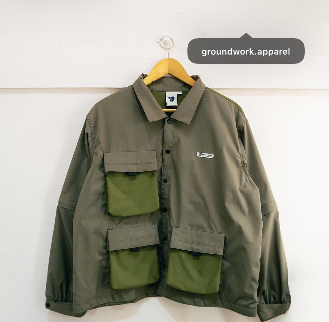 Groundwork Apparel Zip-off Sleeves Shirt (Category: Coats, Jackets and Outerwear) located in Baguio. Submitted by lovelemons (Listing ID 1467188588, Image 1). Description: Groundwork Apparel Army Green Two-toned Colorway Zip-off Slevves Buttondown Shirt Small Good as new condition No issues.