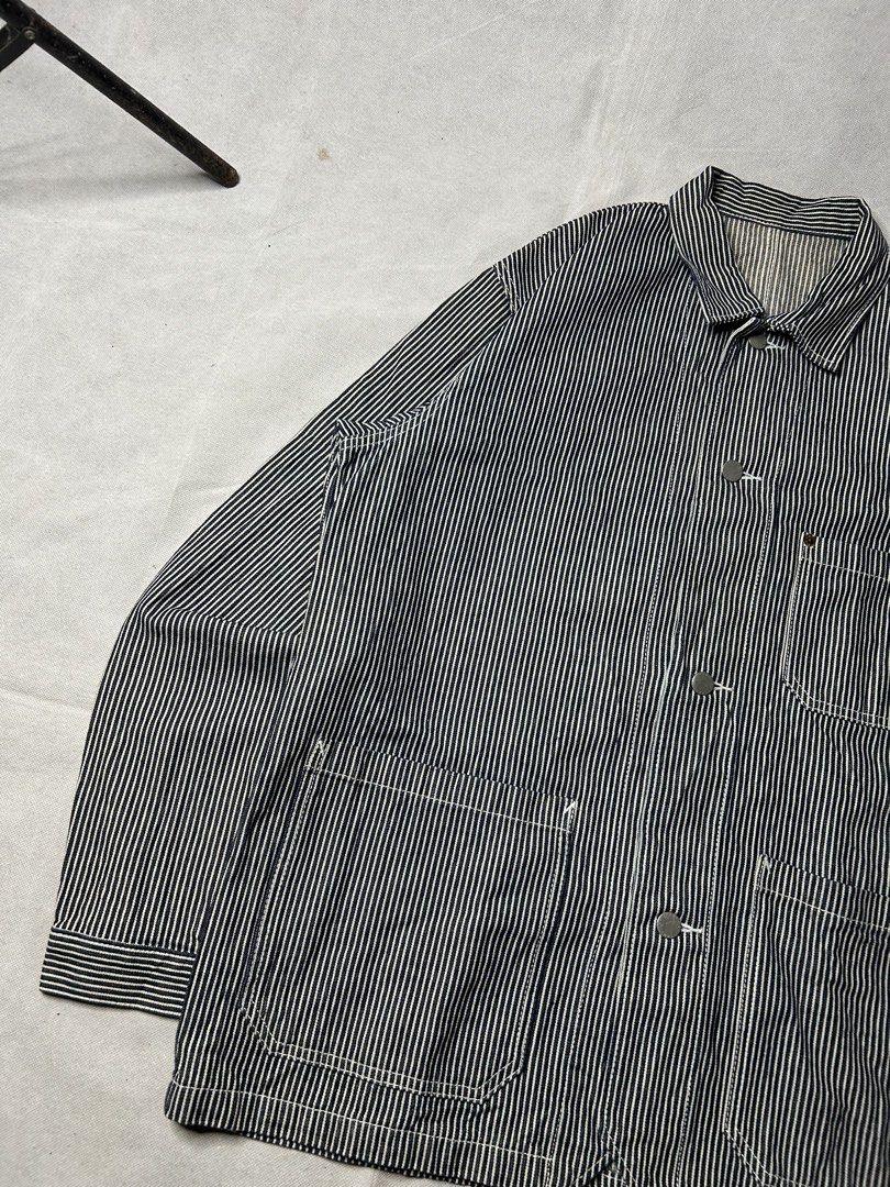 GU Hickory Stripe Workwear Jacket (Category: Coats, Jackets and Outerwear) located in Iloilo. Submitted by noy_thrift (Listing ID 1467303273, Image 3). Description: GU Hickory Stripe Workwear Jacket Large Width 23.5 Length 29 Sleeve Length 24.8 Excellent Condition No Issue.