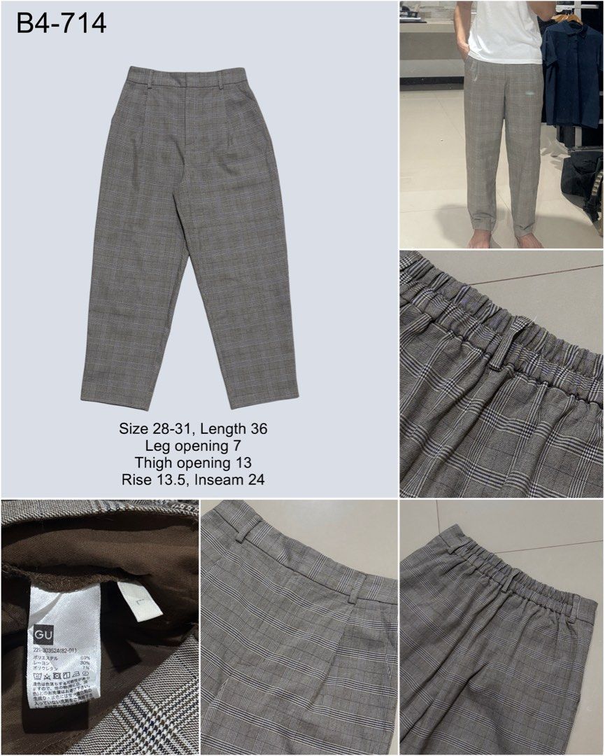GU Pleated Plaid Trouser Pants (Category: Other Bottoms) located in Digos. Submitted by appareall (Listing ID 1467362690, Image 2). Description: B4-714 Approximate measurements (taken flat in inches) On tag size L Waist: 28-31 Length: 36 Rise: 13.5 Thigh opening: 13 Inseam: 23.8 Leg opening: 7 .