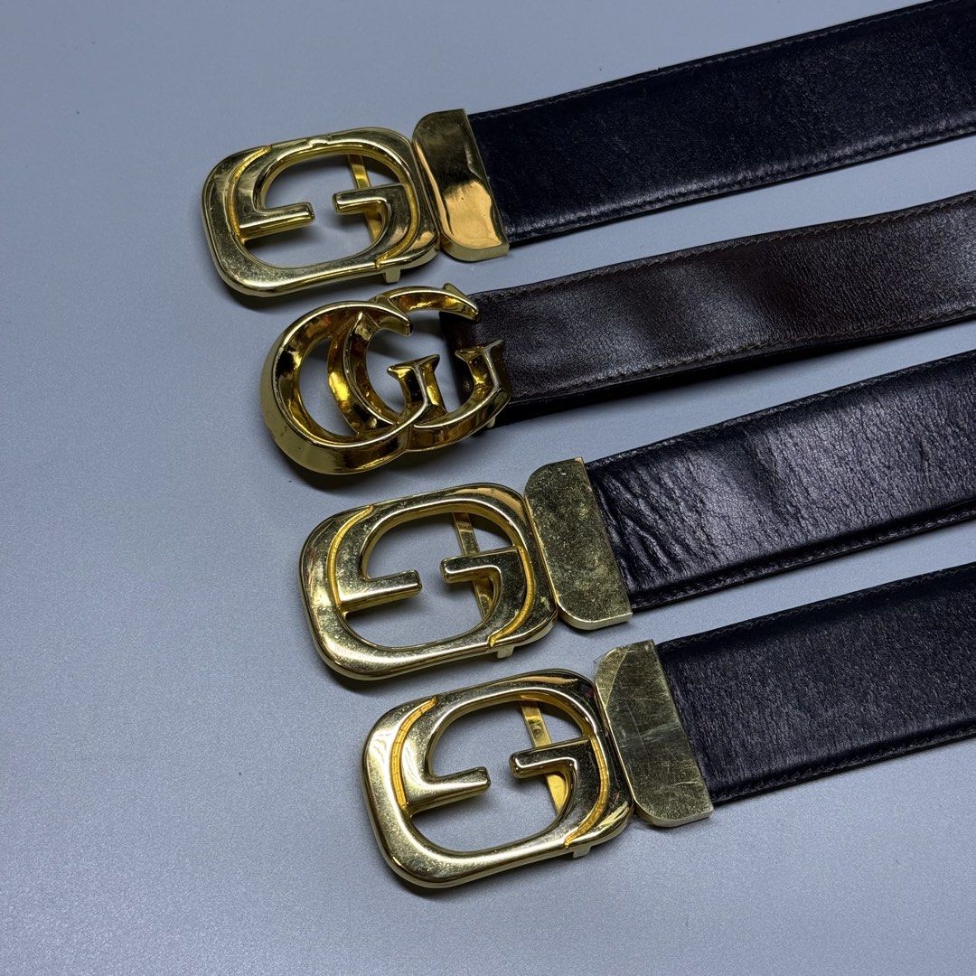 Gucci G-Buckle Leather Belts (Category: Luxury Accessories) located in Kabacan. Submitted by rags2penny.phl (Listing ID 1467225869, Image 3). Description: - Set of 4 authentic Gucci leather belts in classic black and dark brown - Genuine leather straps with premium visible grain texture - Gold-tone hardware featuring iconic interlocking G and single G buckles - Includes a variety of versatile buckle designs - Elevate any casual or formal outfit w