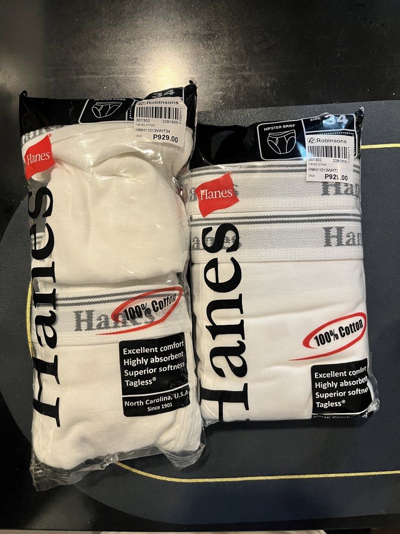 Hanes Men Hipster Brief (Size: Large 34") (Category: Underwear) located in Quezon City. Submitted by everydaygifts (Listing ID 1467254087, Image 1). Description: Selling brand new, unused, original Hanes briefs 3-pack large size (34-36") for just 800 each pack :) If getting both, I can give for 1500 :) RFS: Wrong size 😅 Never used or worn, brand new with sticker tag of original price. .