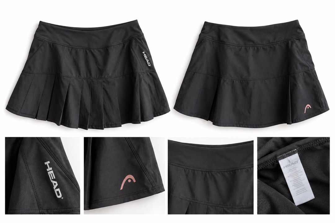HEAD Black Pleated Athletic Skirt with Logo (Category: Skirts) located in Valencia. Submitted by bruuuuh (Listing ID 1467257152, Image 1). Description: - Brand: HEAD - Color: Black - Style: Pleated lower half with wide waistband - Details: Subtle vertical brand logo on the side and pink logo emblem near the hem - Material: Lightweight sports fabric - Condition: Brand new with tags attached inside, clean inside and out - Ideal for: Tennis, running