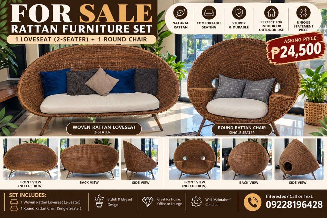 Heavy Duty Woven Rattan Sofa Set (Category: Sofas) located in Taguig. Submitted by annpo27 (Listing ID 1467236460, Image 1). Description: Super beautiful woven rattan sofa set.