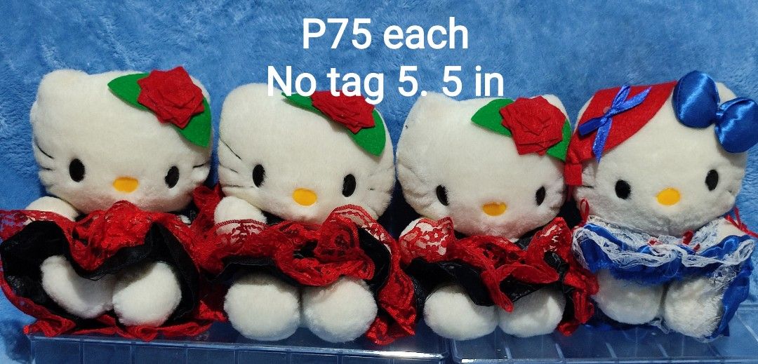 Hello Kitty Plush Toys Assorted Designs (Category: Plushies & Soft Toys) located in Baguio. Submitted by abigailmyra (Listing ID 1467352740, Image 2). Description: - Adorable Kitty plush toys in unique outfits - Outfits include: flamenco dancer with red rose, sailor dress, winter coat, and pink polka dot shirt - Size: 5.5 to 6 inches tall - Condition: without brand tags -P60-75 each loc:Baguio-CAR.