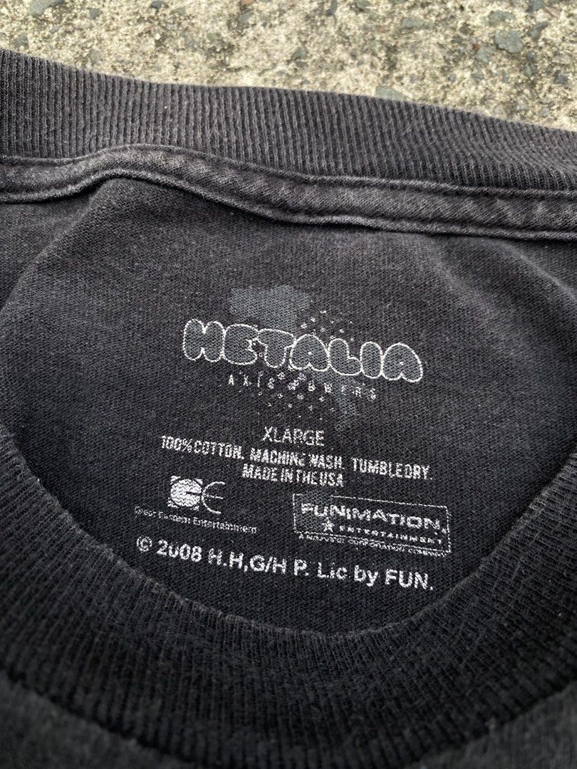 Hetalia (Category: Tshirts & Polo Shirts ) located in Manila. Submitted by thrift_neo (Listing ID 1467297785, Image 3). Description: HETALIA Official printed tag Size xl on tag Dimes 24.7x30 Good condition Issue:uneven fading on neck,hairlines crack.