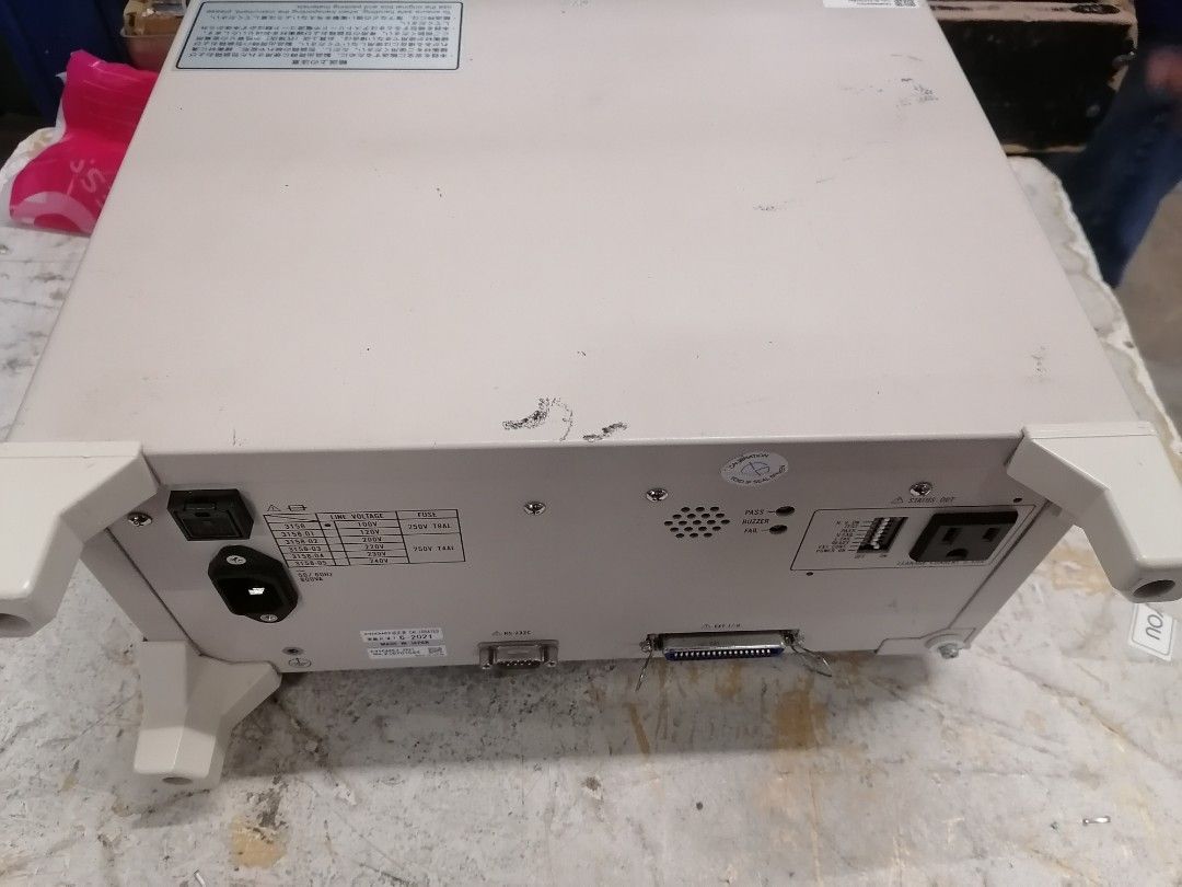 Hioki 3158 AC Withstanding Voltage HiTester (Category: Construction Tools & Equipment) located in Muntinlupa City. Submitted by fast_bryantorrentefernand (Listing ID 1467224299, Image 3). Description: - Brand: Hioki - Model: 3158 AC Withstanding Voltage HiTester - Origin: Made in Japan - Voltage Configuration: 100V line voltage - Fuse Rating: 250V T8AL - Calibration: Includes sticker dated June 2021 - Serial Number: 210701644 - Rear Ports: RS-232