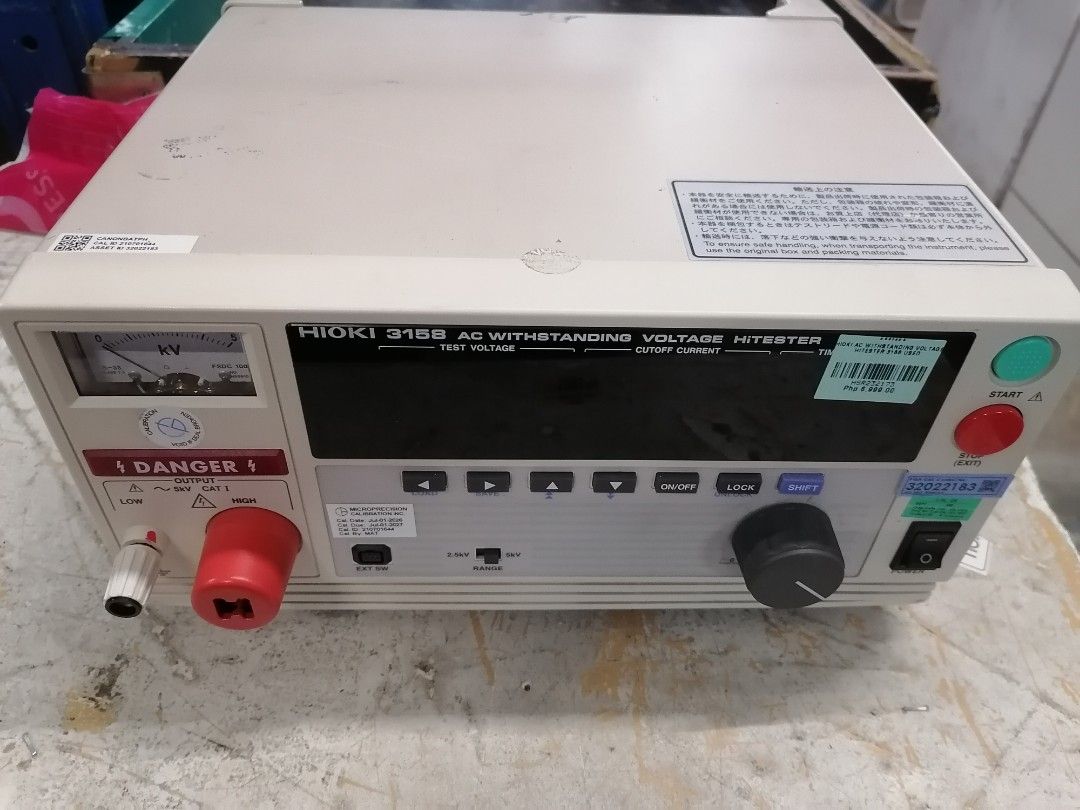 Hioki 3158 AC Withstanding Voltage HiTester (Category: Construction Tools & Equipment) located in Muntinlupa City. Submitted by fast_bryantorrentefernand (Listing ID 1467224299, Image 1). Description: - Brand: Hioki - Model: 3158 AC Withstanding Voltage HiTester - Origin: Made in Japan - Voltage Configuration: 100V line voltage - Fuse Rating: 250V T8AL - Calibration: Includes sticker dated June 2021 - Serial Number: 210701644 - Rear Ports: RS-232