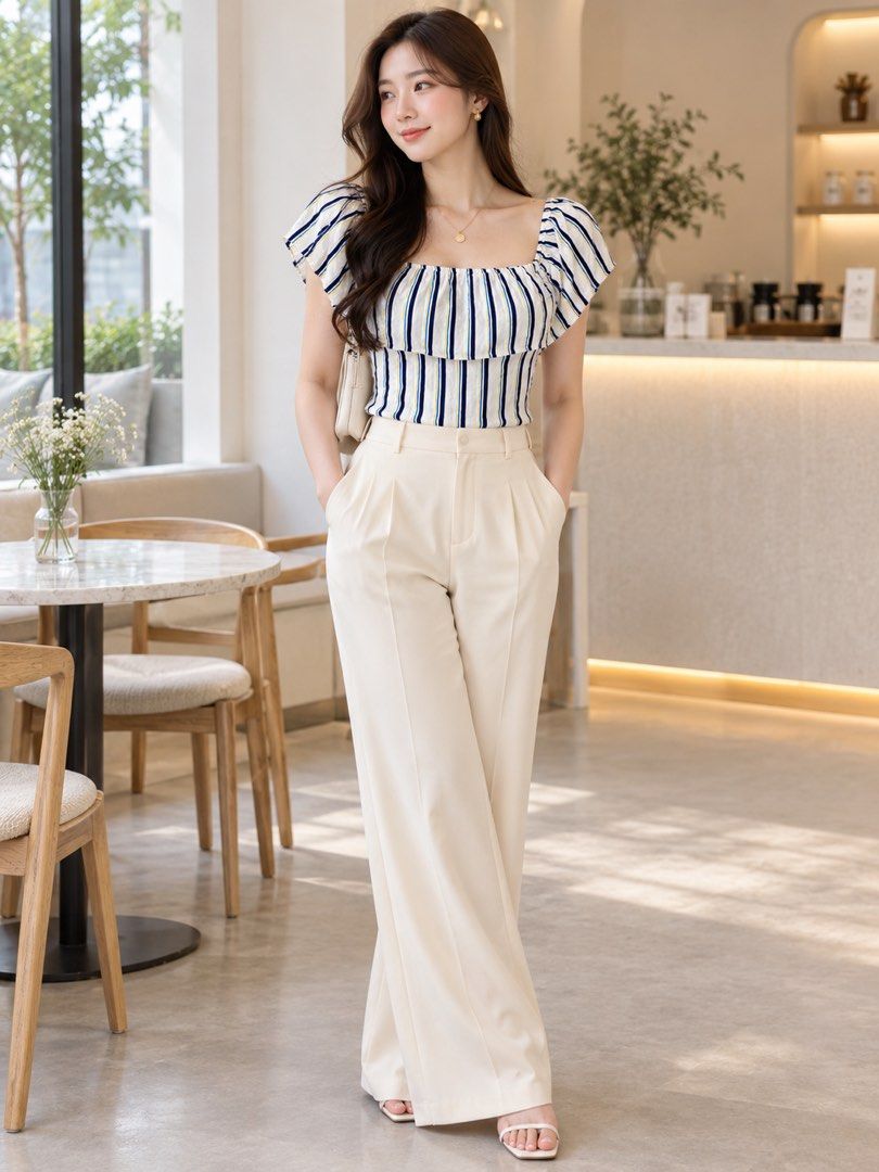 Hios Striped Square Neck Ruffle Top (Category: Blouses) located in General Trias. Submitted by crissy9053136 (Listing ID 1467303173, Image 3). Description: - Brand: Hios - Size: S (Made in Turkey) - Color/Pattern: White with blue and yellow vertical stripes - Design: Square neckline with ruffled overlay and short cap sleeves - Fabric: Lightweight and comfortable - Styling: Perfect for casual days out or pairing with high-waisted trousers.
