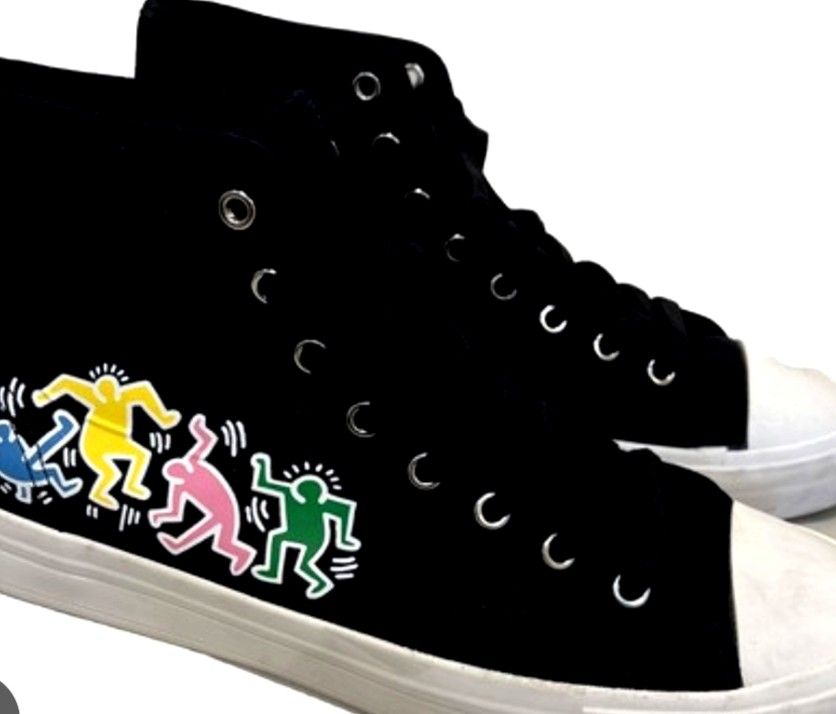 H&M Keith Haring High Top Sneakers (Category: Sneakers) located in Manila. Submitted by lene48 (Listing ID 1467212670, Image 1). Description: - Brand: H&M x Keith Haring - Style: Black high top canvas sneakers with colorful graphic prints - Details: White rubber toe cap and midsole, Keith Haring signature logo on heel tab, brown rubber outsole - Condition: Brand new with original store tag attached - Size: US 8.5 / EUR 41, size 9 men size 10 wome