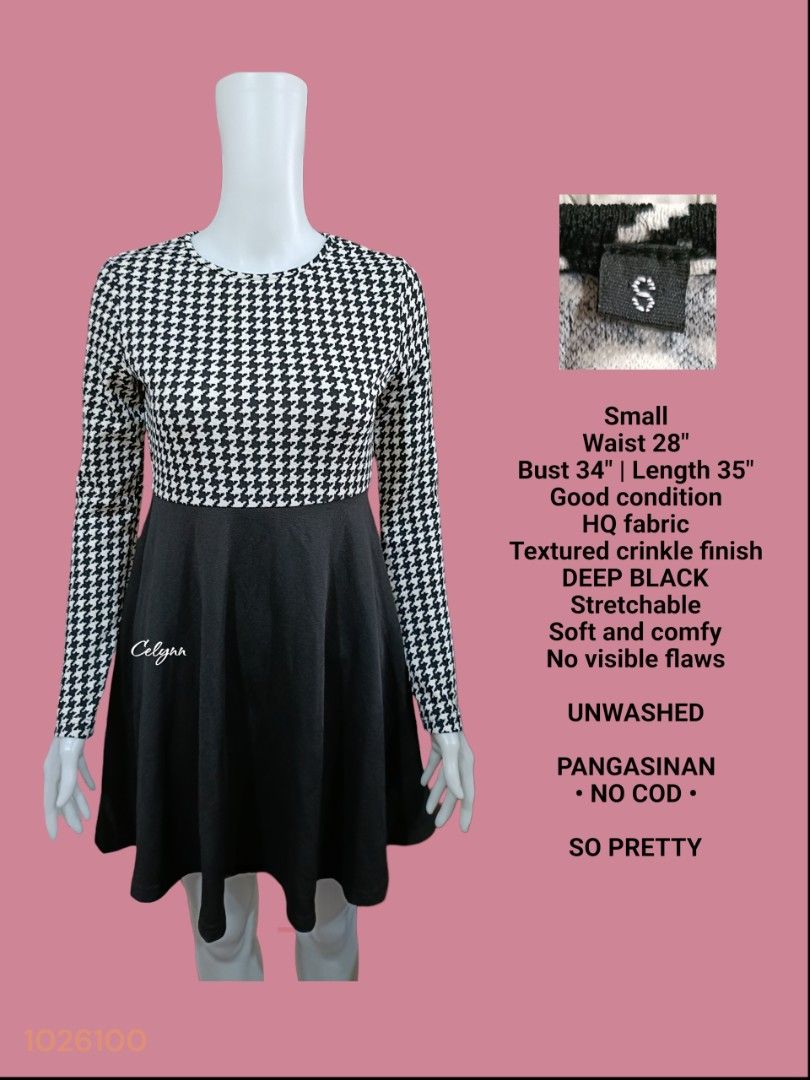 Black Houndstooth Long Sleeves Dress; Small (Category: Dresses) located in Moncada. Submitted by celynn.collection (Listing ID 1467190240, Image 2). Description: ✅ PLEASE READ BEFORE ASKING! 😊 ----------------------------------------------------- 📍LOCATION: Pangasinan, Luzon ----------------------------------------------------- ✅ Clothes are THRIFTED or PRE-LOVED unless stated brand new. ----------------------------------------------------- Bra