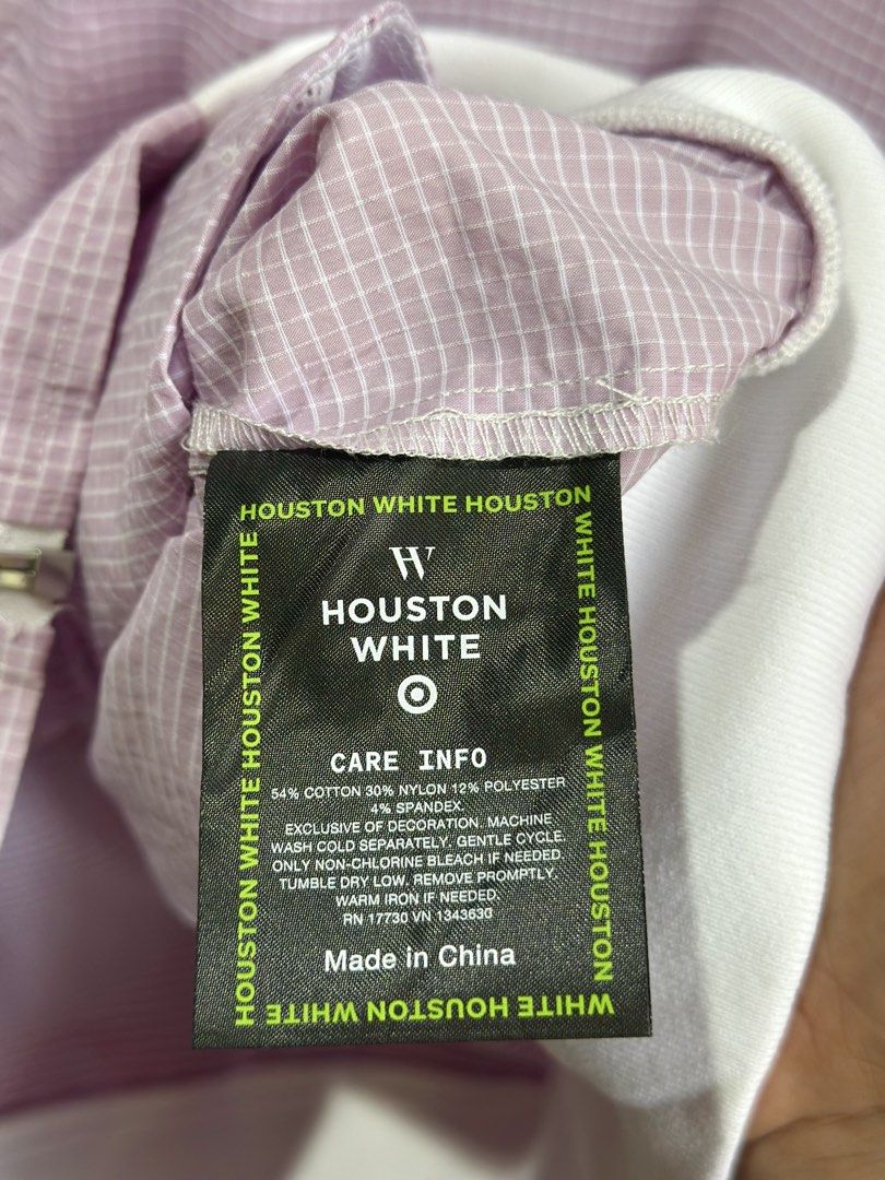 Houston White Lightweight Ribstop Windowpane Bomber Jacket (Category: Coats, Jackets and Outerwear) located in Daet. Submitted by thrifthings2018 (Listing ID 1467252828, Image 2). Description: - Brand: Houston White - Style: Lightweight ripstop windowpane bomber jacket - Color/Pattern: Pink with white grid pattern, white collar, cuffs, and hem - Features: Full zip closure with custom zipper pull, two front welt pockets - Material: Cotton, nylon, 