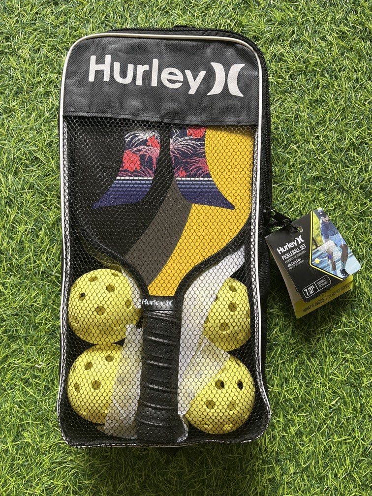 Hurley pickle ball set from U.S (Category: Other Sports Equipment and Supplies) located in Manila. Submitted by ty_imported_goods (Listing ID 1467187922, Image 1). Description: Original from U.S ₱2,200 for set 2xpaddle 4x balls 1x carry case.