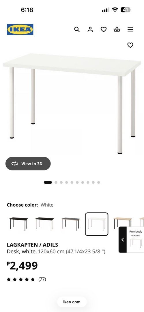 IKEA LAGKAPTEN / ADILS Desk White (Category: Office Furniture & Fixtures) located in Quezon City. Submitted by datsoohot46574 (Listing ID 1467351309, Image 1). Description: - Item: IKEA LAGKAPTEN / ADILS Desk - Color: Clean White - Dimensions: 120x60 cm (Standard workspace size) - has dent on the side upon delivery from Ikea aside from that no issues -locationTandang Sora, Qc.