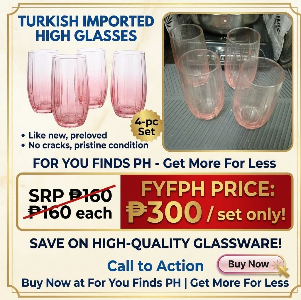 Imported High Glass,Like New, 4pc (Category: Dinnerware & Cutlery) located in Pateros City. Submitted by foryoufindsph (Listing ID 1467232349, Image 1). Description: ​🥤 PRELOVED GLASSWARE DROP 50% OFF! 300 only 4pc, vs 160 each All items are like new and well-maintained. ✨ ​🥂 Glasses | ☕ Cups | 🍹 Pitchers 📍 Pick-up/Location: Pateros 💸 For You Finds PH — Get More For Less! ​How to Buy: Send us a direct message (PM) to lock in your order! 📩 ​