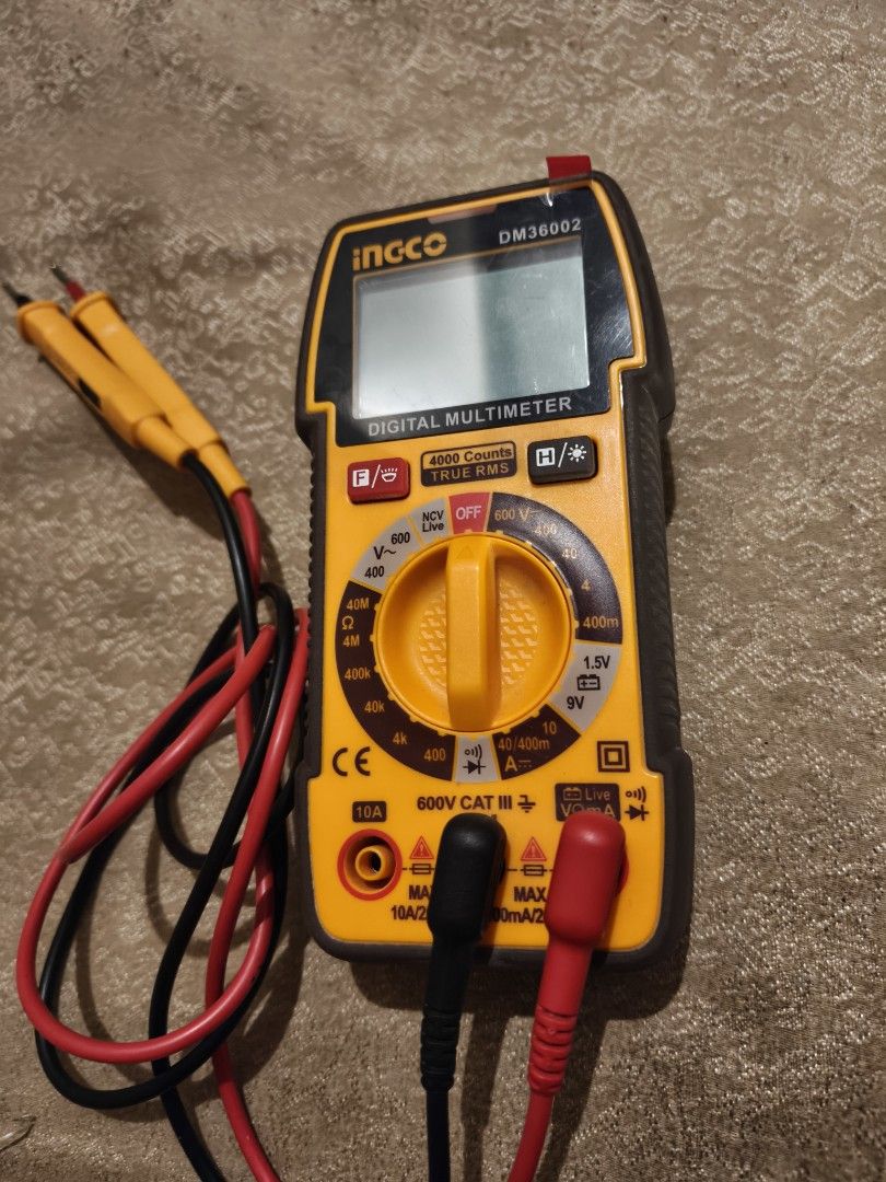 Ingco DM36002 Digital Multimeter with Test Leads (Category: Construction Tools & Equipment) located in Manila. Submitted by bravefox_31b6f5 (Listing ID 1467284571, Image 1). Description: - Model: Ingco DM36002 True RMS Digital Multimeter - Condition: Clean, well-maintained unit with QC passed sticker - Safety Rating: 10A CAT III for reliable use - Display & Controls: Clear LCD screen and easy-to-use rotary dial - Inclusions: Red and black test le